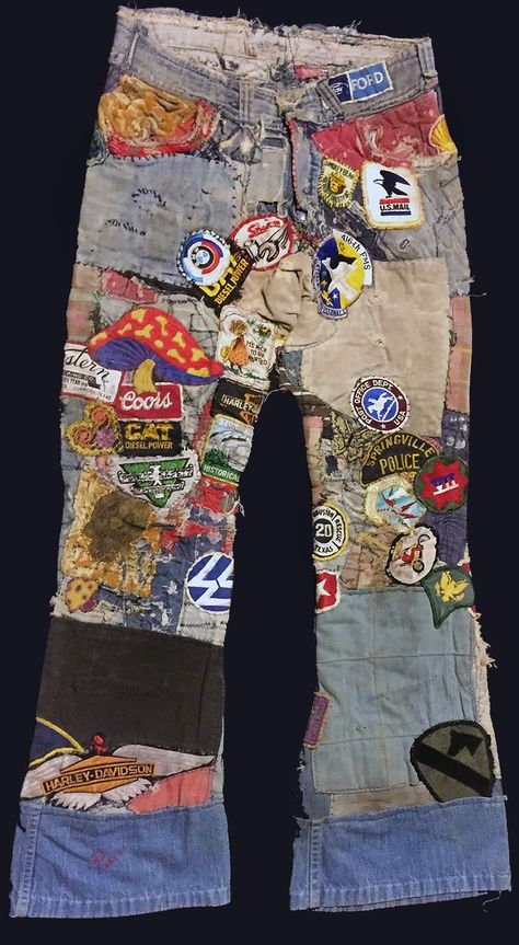 70s Patchwork Jeans, 70s Painted Jeans, Weird Jeans, Patch Work Jacket, Jeans Refashion, Big Jeans, Ropa Upcycling, Hippie Jeans, Patch Pants