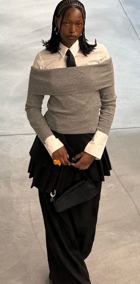 Blouse Under Dress Outfit, Formal Artsy Outfit, Tabi Heels Outfit, Wide Shirt Outfit, Time Capsule Wardrobe Outfits, Grey Trousers Work Outfit, Eccentric Outfits Black Women, Source Unknown Sweater, Lace Skirt Over Jeans