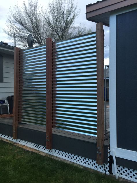 Corrugated metal privacy fence Corrugated Metal Privacy Fence, Corrugated Metal Privacy Screen, Metal Fence Ideas Steel Privacy Screens, Metal Privacy Screen, Corrugated Metal Wall Outdoor, Corigated Metal Fence Diy, Metal Roofing Fence, Corrugated Metal Fence, Diy Privacy Screen