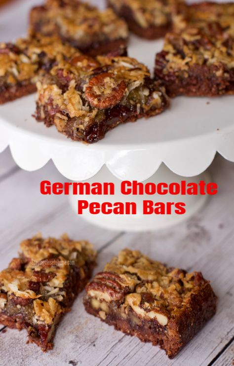 German Chocolate Pecan Pie, German Chocolate Bars, Chocolate Pecan Bars, Pecan Desserts Recipes, German Chocolate Cheesecake, Pecan Bars Recipe, Chocolate Pecan Pie Bars, German Chocolate Brownies, Pecan Pie Bites