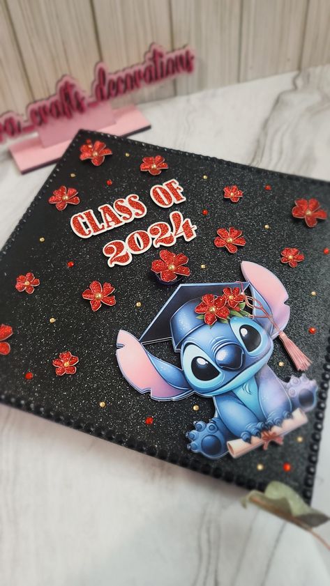 Graduation Cap Topper 9.5 X 9.5 inches, cartoon, vinyl, cardstock glitter  base.  Double tape side on the back so you can attach in the cap. You can contact me if you want a different character and colors.  shipping USA and PR Graduation Cap Decoration Lilo And Stitch, Stitch Cap Graduation, Stitch Graduation Cap, Stitch Graduation, Stitch Decor, Graduate Cap, Graduation Cap Decoration Diy, High School Graduation Cap, College Graduation Cap Decoration