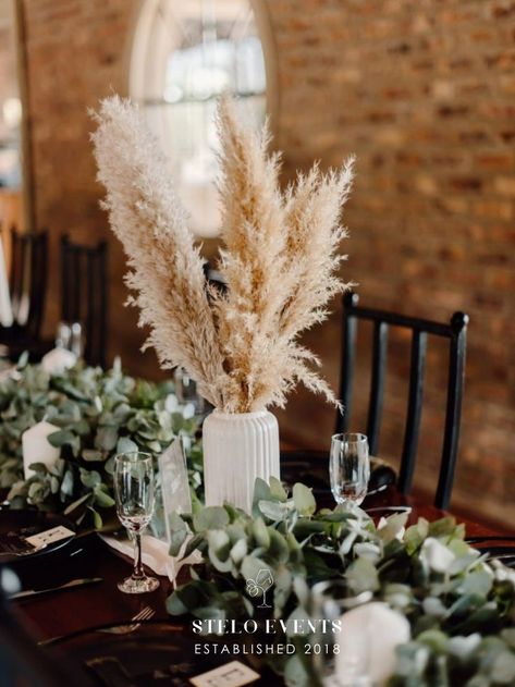 Pampa Grass And Greenery Wedding, Pampas Mixed With Greenery, Pampas Grass Eucalyptus Centerpiece, Boho Green Wedding Decor, Pampas Greenery Wedding, Pampas With Greenery, Pampas And Eucalyptus Wedding Table, Pampas And Greenery Centerpiece, Pampas And Eucalyptus Centerpiece