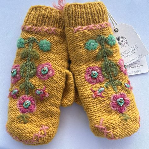 New! W/ Tags. Great Gift. Knitted Handmade Mittens- These Mittens Do Their Job. They Keep Your Hands Warm And Fashionable At The Same Time. Handmade Mittens, Wool Embroidery, French Knot, Hand Embroidery Design, Mitten Gloves, Hand Warmers, Floral Embroidery, Pink And Orange, Hand Embroidery