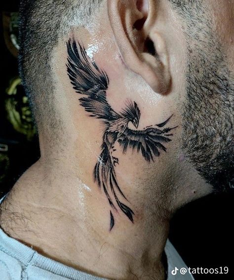 Side Neck Tattoo Designs Men, Mens Side Of Neck Tattoos, Phoenix Neck Tattoo Men, Phoenix Neck Tattoo, Fenix Tattoo Design, Bird Neck Tattoo, Side Tattoos For Men, Mens Neck Tattoos, Simple Neck Tattoos