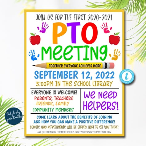 "PRINTABLE PTO/PTA FORM EDITABLE MEETING FLYER TEMPLATE *ALL TEXT IS EDITABLE SO YOU CAN CREATE THIS TO SAY WHATEVER YOU WISH - TO CUSTOMIZE FOR YOUR SCHOOL OR ORGANIZATION! *You can print and hand out at school events and meetings or save and upload the digital version to a website or as part of your school email newsletter updates This printable informational meeting flyer template is a great marketing tool for your school PTO PTA Organization to recruit volunteers and gain interest from paren Pta Organization, Pta Newsletter, Pto Flyers, Pto Meeting, School Fundraising Events, Pta Meeting, Mail Newsletter, Pta Fundraising, Volunteer Recruitment