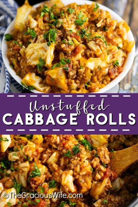 Easy one pot Unstuffed Cabbage Rolls are a delicious, simple way to enjoy a classic. A full healthy meal in a bowl with rice that the whole family will love. Gluten free, dairy free, low carb and keto options. Cabbage Roll In A Bowl Keto, Cabbage Rolls Unstuffed, Stuffed Cabbage Bowl, Cabbage Rolls Bowl, Keto Cabbage Roll Skillet, Cabbage Rolls In A Bowl, Keto Unstuffed Cabbage Rolls, Skillet Cabbage Rolls, Unstuffed Cabbage Rolls Crockpot