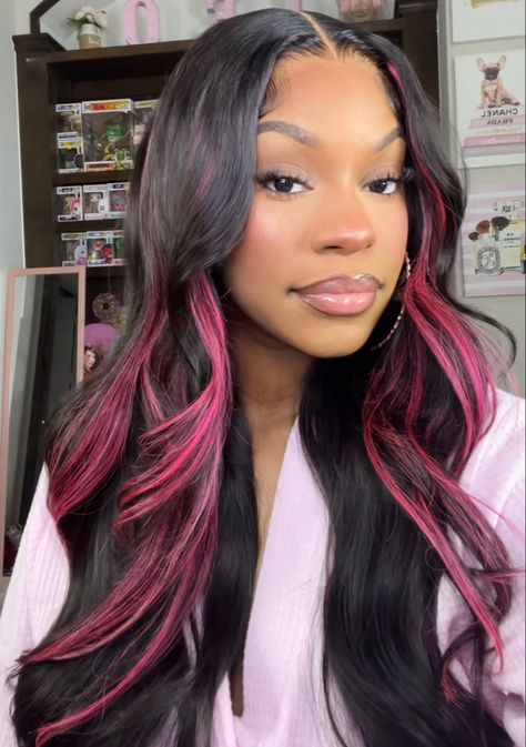 Pink Highlights Lace Front Wig, Pink Black Hair Black Women, Sew In Hairstyles With Pink Highlights, Pink Hair Streaks Black Women, Pink Highlight Sew In, Pink And Black Lace Front Wig, Black With Pink Highlights Wig, Pink Highlights In Black Hair Wig, Pink Front Highlights