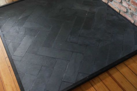 DIY Hearth Pad Hearth Pad Ideas, Slate Tile Hearth, Diy Hearth Pad, Wood Stove Tile, Wood Stove Hearth Pads, Pellet Stove Hearth, Corner Wood Stove, Wood Stove Surround, Stove Surround