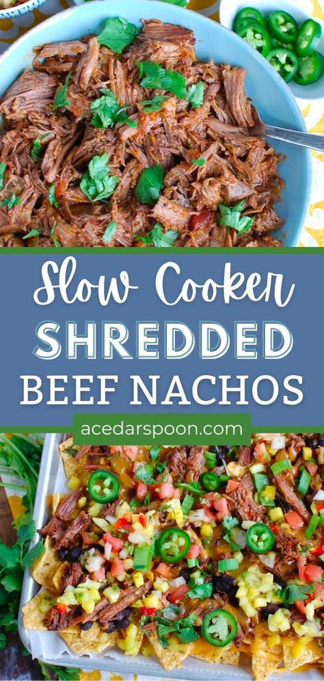 Spice up your next celebration or game day with these flavor-packed beef nachos! They're made with slow-cooked shredded beef, black beans, salsa, jalapeños, cheese and other Mexican ingredients. Serve them as an easy weeknight meal or crowd-pleasing appetizer and get ready to indulge in the flavorful combination of crunchy chips and Mexican flavors. Shredded Beef Nachos, Easy Beef Nachos, Mexican Ingredients, Nachos Loaded, Nachos Recipe Beef, Slow Cooker Shredded Beef, Beef Nachos, Beef Appetizers, Hearty Lunch