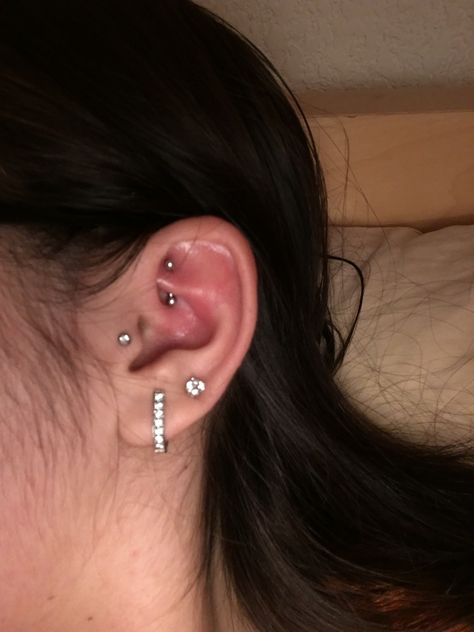 Rook piercings Tragus diamond piercing Double lobe piercing Piercing Double Lobe Piercing, Diamond Piercing, Piercings Tragus, Piercing Inspo, Tragus Piercing, Lobe Piercing, Tragus Piercings, Ear Piercing, Tragus