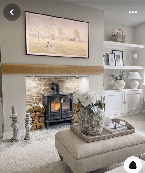 Country Cottage Lounge Ideas, Living Room Inspo Media Wall, Country Living Room Media Wall, Living Room Log Burner Ideas, Log Fire Media Wall, Living Room Decor With Log Burner, Living Room With Stove Fireplace, Cosy Living Room Ideas Neutral, Neutral And Sage Living Room