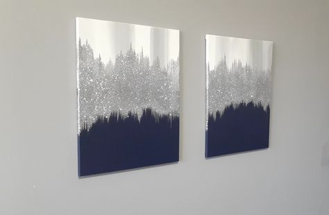 Each piece is 18x24" set of 2 Navy white silver and gray $85.00 Gold Sunburst Mirror, Paintings Home Decor, Silver Wall Art, Starburst Wall Decor, Glitter Wall Art, Starburst Mirror, Gold Art Painting, Silver Wall, Glitter Wall