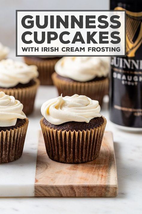 A MUST for St. Patrick's Day or the beer lover! The best, most decadent chocolate Guinness cupcakes topped with luscious Irish cream frosting. Plus they're easy to make and ready in less than 45 minutes! #guinness #stpatricksday #cupcakes #chocolate Baking With Beer, Irish Cream Frosting, Guinness Cupcakes, Guinness Chocolate, Best Chocolate Cupcakes, Beer Menu, Boozy Desserts, Cupcake Recipes Chocolate, Rich Chocolate Cake