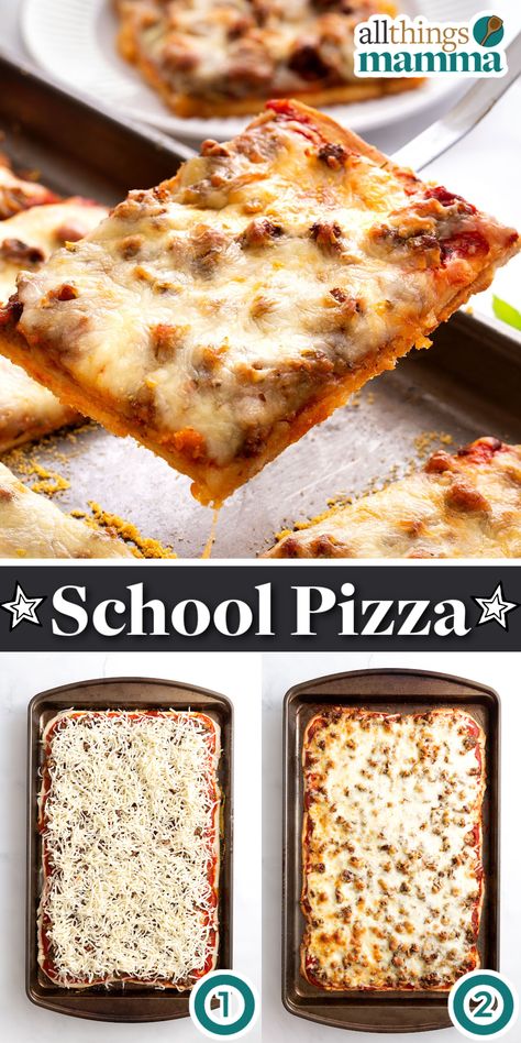 School Pizza collage image. School Pizza Sticks Recipe, School Lunch Party Ideas, Lunchroom Pizza Recipe, Square School Pizza Recipe, Making Your Own Pizza At Home, Cafeteria School Food, The School Pizza Recipe, School Lunch Copycat Recipes, Pizza Recipes Homemade Easy