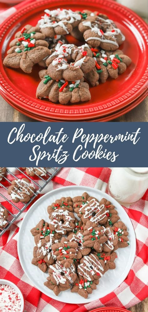 Chocolate Peppermint Spritz Cookies, Peppermint Spritz Cookies, Savory Spritz Cookies, Chocolate Spritz Cookies, Butter Spritz Cookies, Peppermint Desserts, Best Cookies Recipes, Peppermint Dessert, Bits And Bites