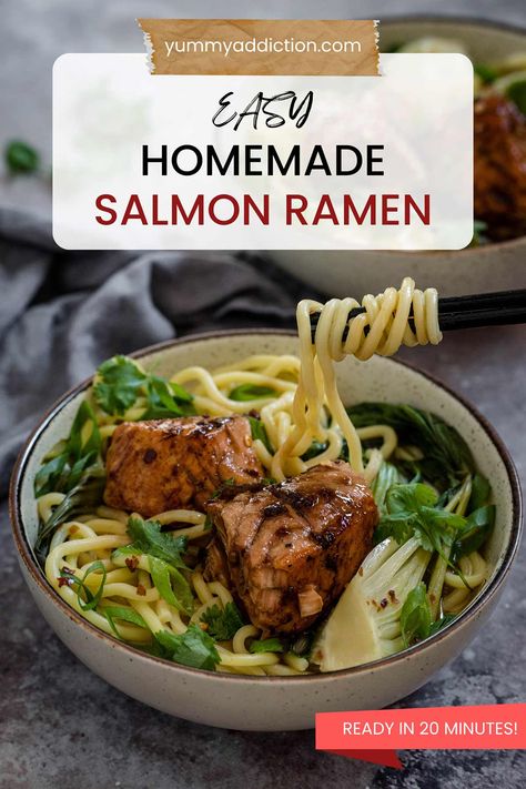 Miso Ramen Soup Recipe, Salmon Ramen, Sweet Chili Salmon, Chili Salmon, Ramen Soup Recipes, February Recipes, Salmon Noodles, Japanese Noodle Soup, Salmon Soup