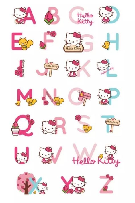 Kitty Icon, Hello Kitty Birthday Cake, Bubble Letter Fonts, Hello Kitty Printables, Hello Kitty Birthday Party, Art Lettering, Cute Alphabet, Hello Kitty Themes, Hello Kitty Birthday