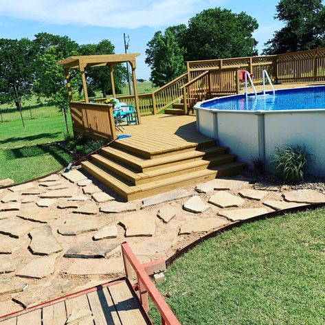 Above Ground Pool Fire Pit Combo, Dug In Above Ground Pool, Small Pool Decks For Above Ground Pools Round, Low Deck For Above Ground Pool, Patio To Above Ground Pool Transition, River Rock Around Above Ground Pool, Above Ground Pool Landscaping Deck, Pavers Around Pool Above Ground, Above Ground Pool Decks Ideas