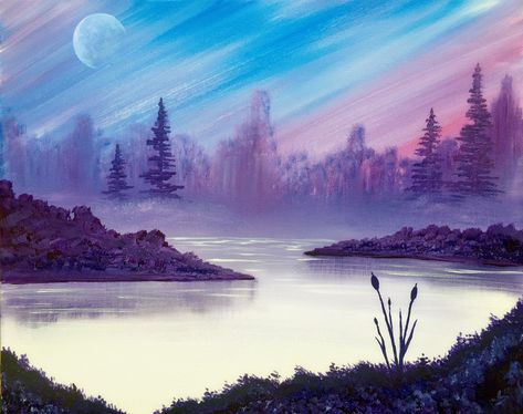 "Moonrise Morning" Wine And Canvas, Paint Nite, Bob Ross, Night Painting, Painting Class, Pictures To Paint, Learn To Paint, Birdhouse, Painting Projects