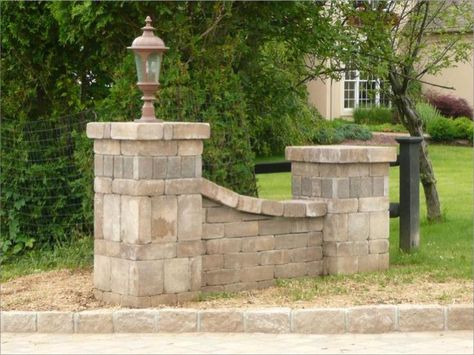 Paver entry wing walls | Driveway entrance | Pinterest | Bricks ... Driveway Pillars, Entrance Ideas Entryway, Brick Pillars, Driveway Entrance Landscaping, Exterior Lighting Design, Brick Driveway, Farm Entrance, Brick Columns, Stone Driveway