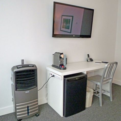 mini fridge under desk - Google Search Office With Mini Fridge, Mini Fridge Under Desk, Desk With Mini Fridge, Loft Bed Ideas For Small Rooms, Mini Fridge Cabinet, Small Room Desk, Desk Partitions, Vancouver Hotels, Compact Desks