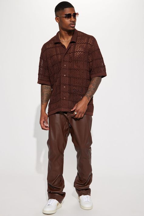 Brown Short Sleeve Shirt Outfit, Mike Outfits, Brown Pants Men, Son Outfits, Tall Height, Man Outfit, Mens Sweaters, Mens Fashion Sweaters, Brown Outfit