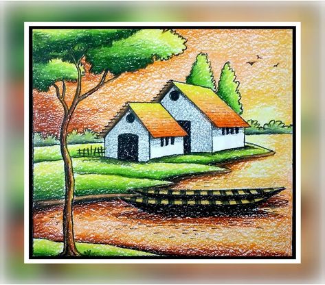 Colourful Scenery Drawing, Plastic Crayons Drawing, Cartoon Drawing For Kids, Scenery Drawing For Kids, Oil Pastel Landscape, Oil Pastel Drawings Easy, Drawing Scenery, Oil Pastel Colours, Nature Art Drawings