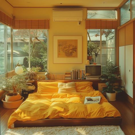 Vintage Room Minimalist, 1 Bedroom Apartment Interior Design, Tokyo Living Room, Interior Design Tiny Apartment, Cool Tone Apartment, Yellow Room Design, Colorful Small Bedroom, Tiny Home Interior Design Ideas, 1960s Bedroom Aesthetic