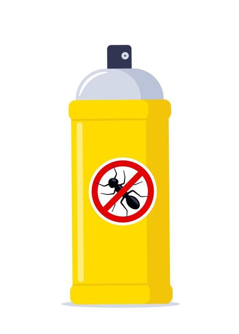 Repellent spray in the yellow bottle. Protection from the ant and other insect. Aerosol for bug bite prevention. Black ant silhouette crossed in red circle. Vector illustration. Ant Silhouette, Spray Vector, Bug Bite, Circle Vector, Black Ants, Insect Spray, Red Circle, Bug Spray, Bug Bites