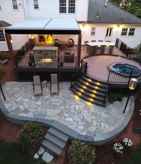 Platform Deck With Gazebo, Carefree Landscaping Ideas, Backyard Patios And Decks, Deck Off Back Of House Farmhouse, Patio Off Of Deck Ideas, Deck Patio Combo Ideas, Deck To Patio Transition, Deck Off Back Of House, Multi Level Deck Ideas