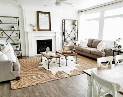 15 Farmhouse Fireplace Ideas That Sizzle | Hunker White Farmhouse Living Room, Farmhouse Rugs Living Room, 1940 House, Farmhouse Fireplace Ideas, Ceilings Ideas, Layering Rugs, Living Room Classic, Farmhouse Living Room Furniture, Farmhouse Style Living Room