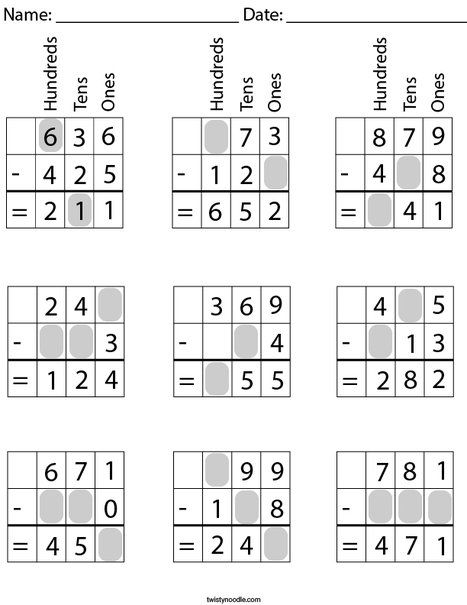 3 Digit Subtraction- Fill in the Missing Numbers Math Worksheet - Twisty Noodle Missing Number Addition And Subtraction Worksheets, 3rd Grade Math Worksheets Subtraction, Maths Sums, 3 Digit Subtraction, Fill In The Missing Numbers, Grade 5 Math Worksheets, Mental Maths Worksheets, Math Made Easy, Math Addition Worksheets