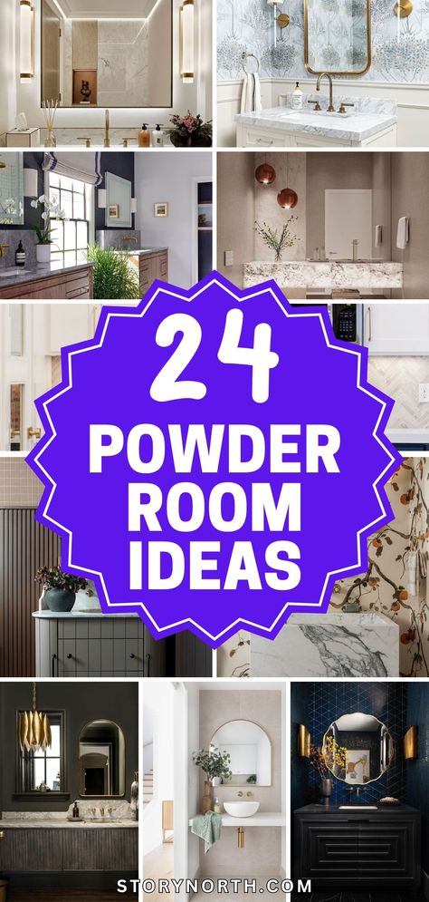 Save this pin for the best powder room inspiration! Elevate your small space with grand designs and luxurious details. #PowderRoomIdeas #HomeDecor #TinySpaces #InteriorDesign Main Floor Half Bath Ideas, Basement Powder Room Ideas, Power Room Ideas Half Baths, Small White Powder Room, Powder Room Ideas Moody, Small Hall Bathroom Ideas, Bold Half Bathroom Ideas, Narrow Powder Room Ideas, Scandinavian Powder Room