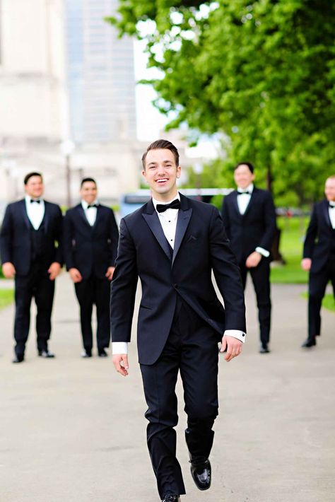 Classic black tux with bowtie for groom and groomsmen -  The Wedding Story of Megan and Evan Hyer | WeddingDay Magazine Horse And Carriage, Black Tux, He Left, Wedding Suit, Groom Outfit, Rock Bottom, Men’s Suits, Groom Gift, Groom And Groomsmen