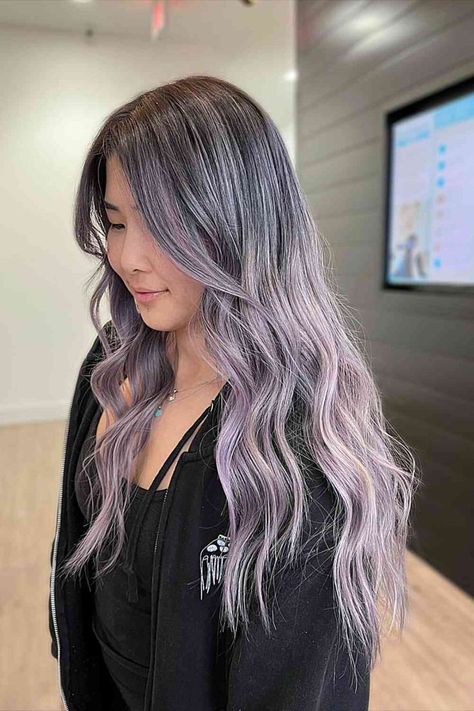 Light Lavender Grey Ombre Hair with Long Waves Silver Purple Ombre Hair, Purple To Grey Ombre Hair, Silver Lavender Hair Ombre, Brown To Lilac Ombre Hair, Smoky Lavender Balayage, Silver Ombre Hair, Ashy Hair, Grey Ombre Hair, Gray Instagram