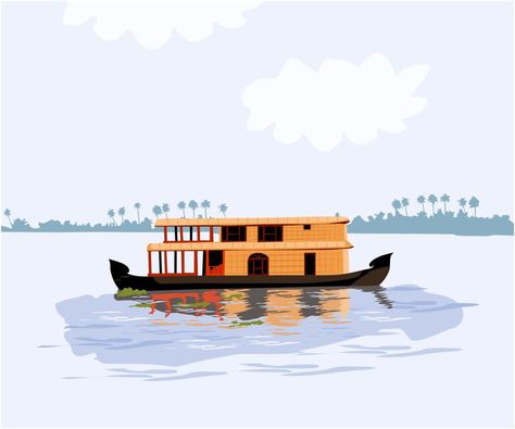 Kerala in South India house boat in backwater vector Boat House Drawing, Kerala Illustration, Kerala Boat, House Boat Kerala, Travel Embroidery, Boat Icon, Boat Cartoon, Boat Vector, India House