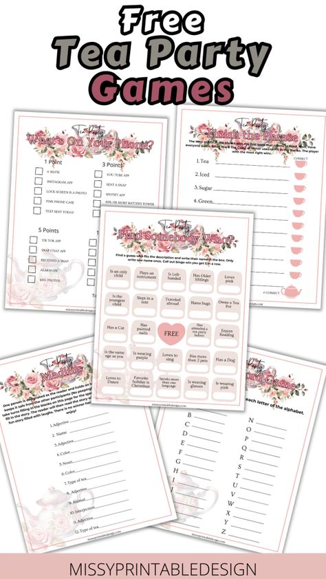 Free Printable Tea Party Games - MissyPrintableDesign Tea Party Mad Libs, Tea Party Games For Women Ice Breakers, Games For Tea Party Free Printable, Ladies Tea Party Games, Tea Party Bingo Free Printable, Tea Party Games For Women Ideas, High Tea Games, Yea Party Games, Tea Party Trivia Free Printable