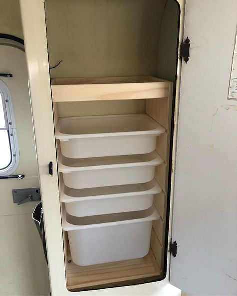 13 Ft Scamp Trailer Remodel, Scamp Trailer Storage Ideas, Camper Clothes Storage Ideas, Diy Camper Storage, Camper Storage Ideas, Scamp Camper, Scamp Trailer, Boler Trailer, Travel Trailer Organization