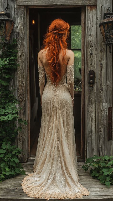 Wedding Dress For Redhead, Boho Woodland Wedding Dress, Woodsy Wedding Dress Fairytale, Whimsical Bridesmaid Dresses Woodland Wedding, Whimsical Lace Wedding Dress, Woodland Fairy Wedding Hair, Whimsical Forest Wedding Dress, Magical Forest Wedding Dress, Boho Forest Wedding Dress