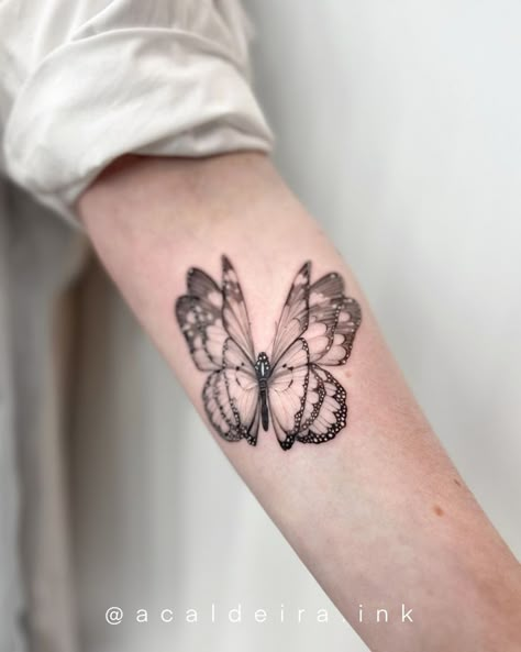 Butterfly Tattoo Alternative, Butterfly Tattoo Fine Line, Lineart Butterfly Tattoo, Fine Line Butterfly Tattoo, Fine Line Floral Butterfly Tattoo, Black And White Butterfly And Flower Tattoo, Alternative Butterfly Tattoo, Butterfly Sleeve Tattoo, Flying Tattoo