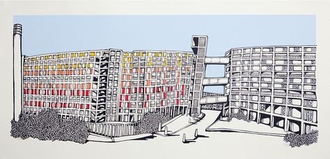 Illustration of Sheffield's Park Hill housing estate. Buildings Illustration, Sheffield Art, Council Estate, Park Hill, Interior Design Courses, Large Mural, South Yorkshire, Steel City, Brutalist Architecture