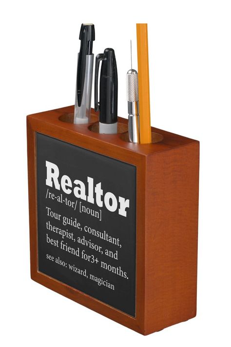 realtor gift idea office Realtors Office Decor, Realtor Office With Brown Desk, Realtor Desk, Real Estate Agent Supplies, Real Estate Pens, Realtor Funny, Realtor Office, Black And White Office, Real Estate Memes