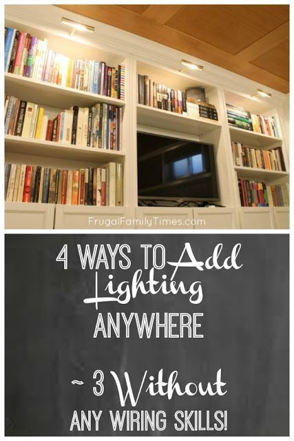 4 ways to add lights pretty much anywhere - 3 don't require any wiring skills! Bookcase lighting can make a boring bookcase shine - literally! Adding bookshelf lighting can be simple. You don't need to pay an Electrician - there are simple ways to install library lights without complicated wiring. Here's how to install picture lights using the right products to make it easy. #ikeahack #bookshelf #howto #decorideas #lighting #frugalfamilytimes Library Lights, Bookcase Ikea, Library Lighting, Playroom Idea, Luxurious Lighting, Bookshelf Lighting, Basement Guest Rooms, Bookcase Lighting, Faux Brick Walls