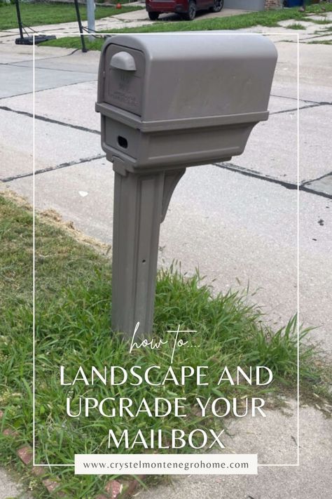 a picture of an old mailbox in need of re- landscaping. Bricks Around Mailbox Ideas, Black Mailbox Ideas Curb Appeal, Low Maintenance Mailbox Landscaping, Mailbox Redo Diy, Painting Mailbox Ideas Diy, Plastic Mailbox Makeover Ideas, Landscape Around Mailbox Ideas, Plastic Mailbox Makeover, Mailbox Landscaping Full Sun