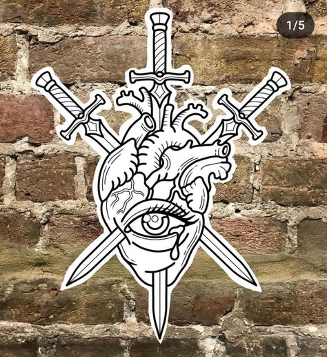 Swords Tattoo, Halloween Tattoo Flash, Sam King, Three Of Swords, Traditional Black Tattoo, Wrist Tattoo Designs, Vintage Tattoo Design, Traditional Tattoo Designs, Occult Tattoo