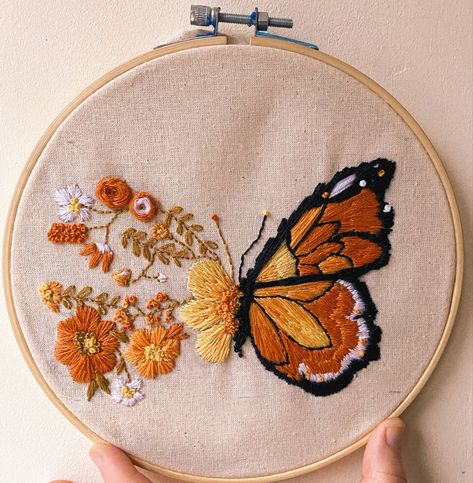 Orange Flower Embroidery, Embroidery On Orange Fabric, Orange Embroidery, Butterfly And Flowers, Century Dress, Flowers Embroidery, Red Sweatshirt, Handmade Embroidery Designs, Orange Butterfly