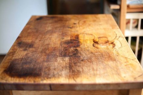 How to Refinish a Butcher Block Butcher Block Refinishing, Refinishing Butcher Block Countertops, Refinish Butcher Block Counter, Refinish Butcher Block Table, Wood Chopping Block, House Rehab, Remove Grease Stain, Honey House, Butcher Block Tables