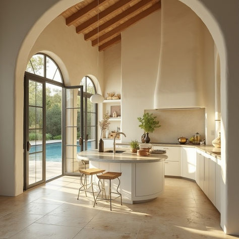 dream house kitchen #AI with pool, large windows, arches, high ceilings, lots of natural light, lush garden Large Arched Doorway, Arch In Kitchen, Arches Home, Dream House Kitchen, Lots Of Natural Light, Natural Wood Kitchen, Kitchen Lounge, Adaptive Reuse, High Ceilings