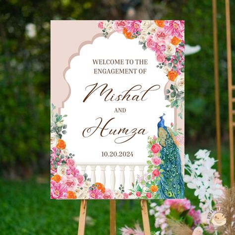 Welcome your guests with this beautiful Engagement Welcome Sign!! 🤍 This PRINTABLE and EDITABLE welcome sign features a neutral arch surrounded by watercolor flowers with a beautiful peacock! 🤍 This can be used for an engagement, bridal shower, Nikkah, or any other event you desire. Head over to FullahPrints on Etsy for more!! Pastel Nikkah, Elegant Wedding Welcome Sign, Wedding Welcome Sign, Floral Arch, Wedding Welcome Signs, Printed Invitations, Wedding Welcome, Print Store, Wedding Signs