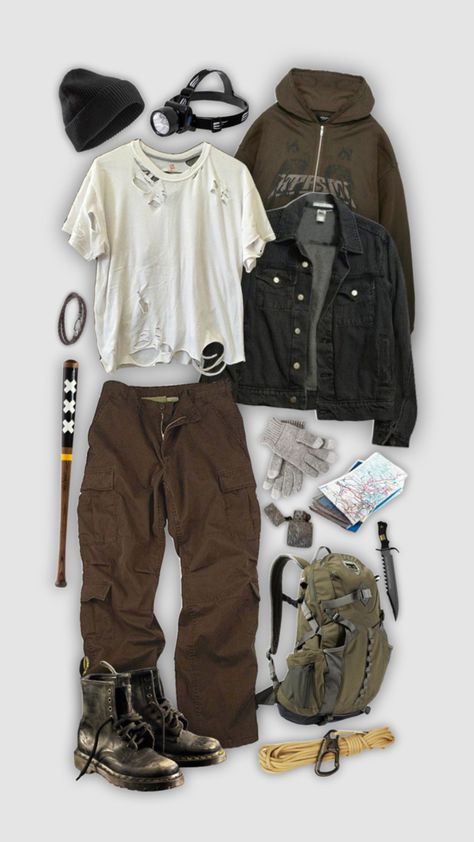 Zombie Apocalypse Outfits Aesthetic Men, Survival Core Outfits, Survival Outfit Male, Survivalist Aesthetic Outfit, Apocalyptic Outfit Men, Apocalypsecore Outfits, Twd Outfits Male, Male Apocalypse Outfit, Apocolypse Fashion Male